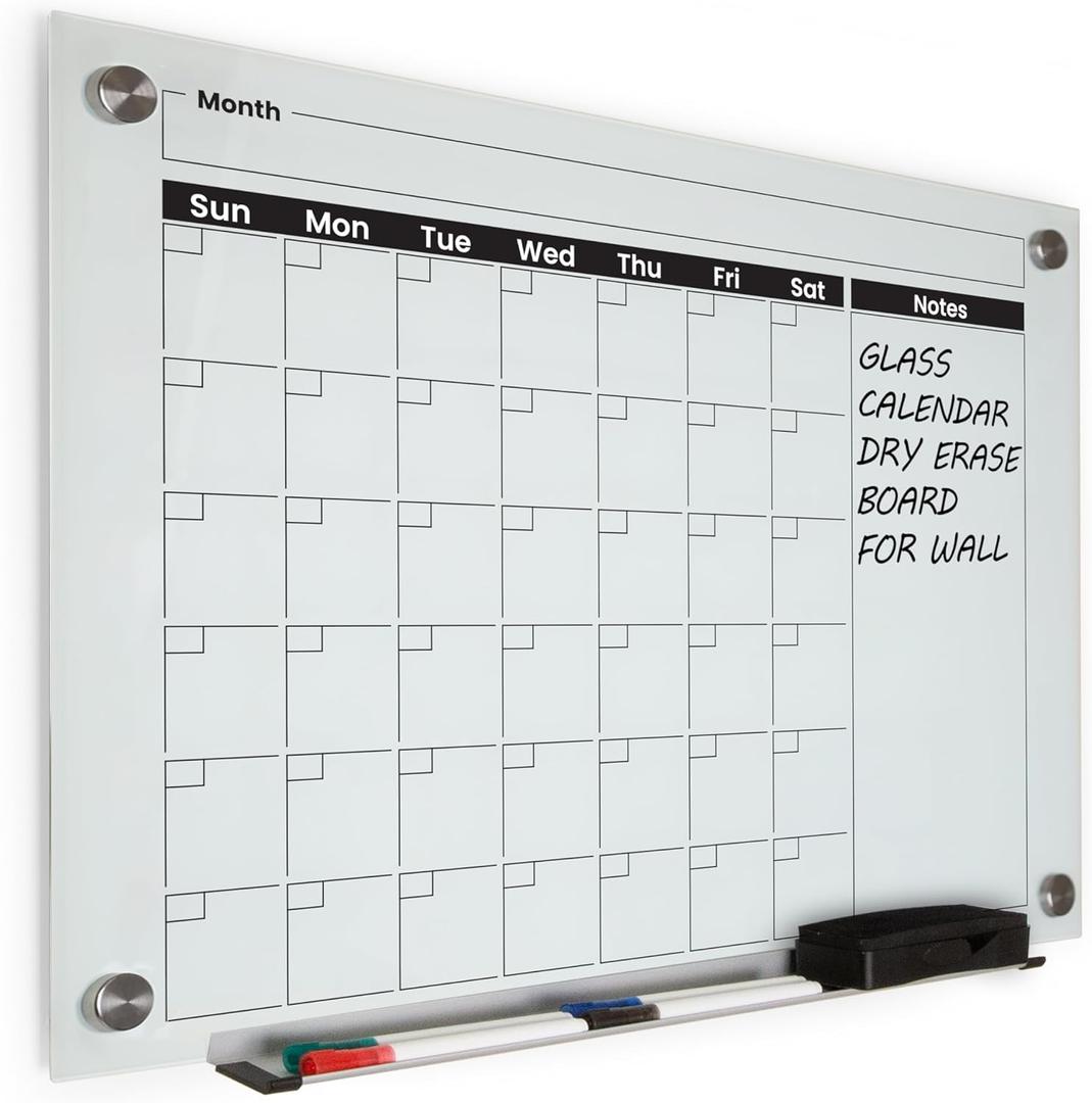 Real Glass Dry Erase Calendar, 18" x 24", Bright White Tempered Glass Surface, Frameless Wall Mount, with 4 Assorted Color Markers and Eraser, by Better Office Products