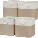 Temary 4 Pack Cube Storage Bins Cloth Baskets for Shelf, Fabric Storage Cubes 12 x 12 Baskets Gift Empty Basket with Handles, Basket for Storage (White&Khaki)