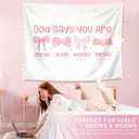 LIANGW Pink Coquette Bow Christian Tapestry, Inspirational Christian Tapestry for Women, Indoor Outdoor Wall Art Tapestries for Bedroom, Girl pink Room Decoration Living Room Bedroom 50x60 inches