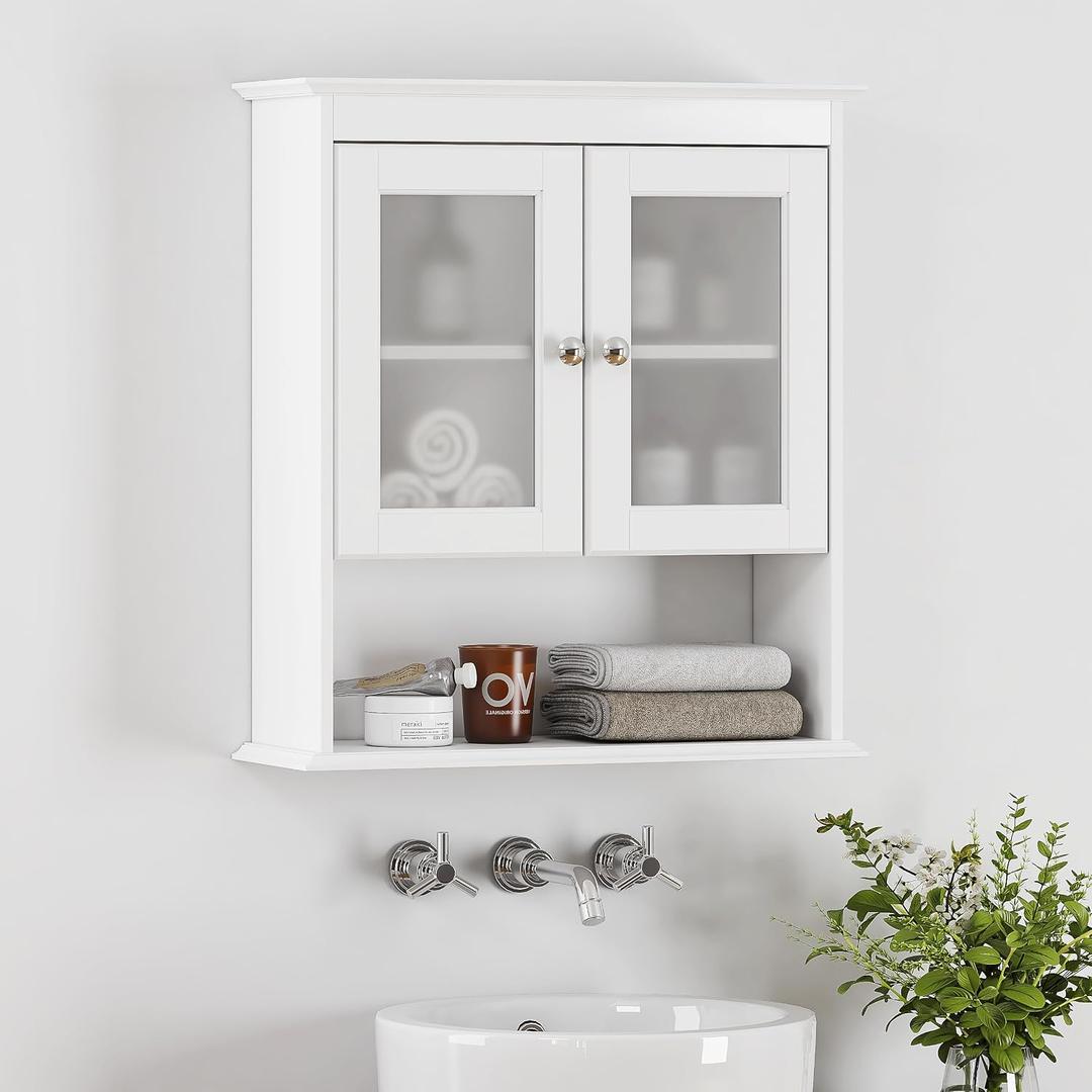 Spirich Bathroom Cabinet Wall Mounted, Medicine Cabinet Organizer with Glass Doors and Adjustable Shelves, Bathroom Wall Cabinet Over Toilet, White, 21.5 inches x 7.48 inches x 24 inches