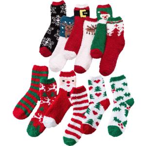Gellwhu Christmas Fuzzy Socks for Women Girls Gifts Cute Fun Cozy Fluffy Winter Warm Slipper Xmas Holiday Socks (One Size, 12 Pairs in 12 Partterns)