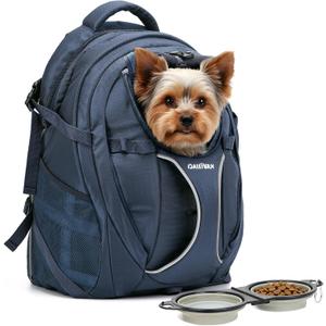 Dog Backpack Carrier for Hiking, Pet Travel Bag up to 18 lbs, 2-in-1 Foldable Cat Backpack with Laptop Compartment, Reinforced Ventilated 600D Nylon Rucksack for Walking, Camping, Commuting