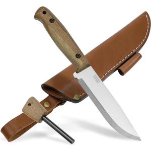 BPS Knives Adventurer - Bushcraft Knife - Fixed-Blade Carbon Steel Knife with Leather Sheath and Firestarter - Outdoor Full Tang Knives - Camping Knives - Survival Tactical Camp Knives (Brown)