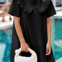 Wenrine Womens Summer Denim Mini Dress Oversized Peter Pan Collar Short Sleeve Casual Flowy Babydoll Jean Dresses (Black), Medium
