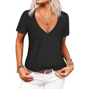 Beyove Women's Deep V T-Shirt Summer Short Sleeve Loose Casual Top(S-3XL) (XX-Large, A01-black)