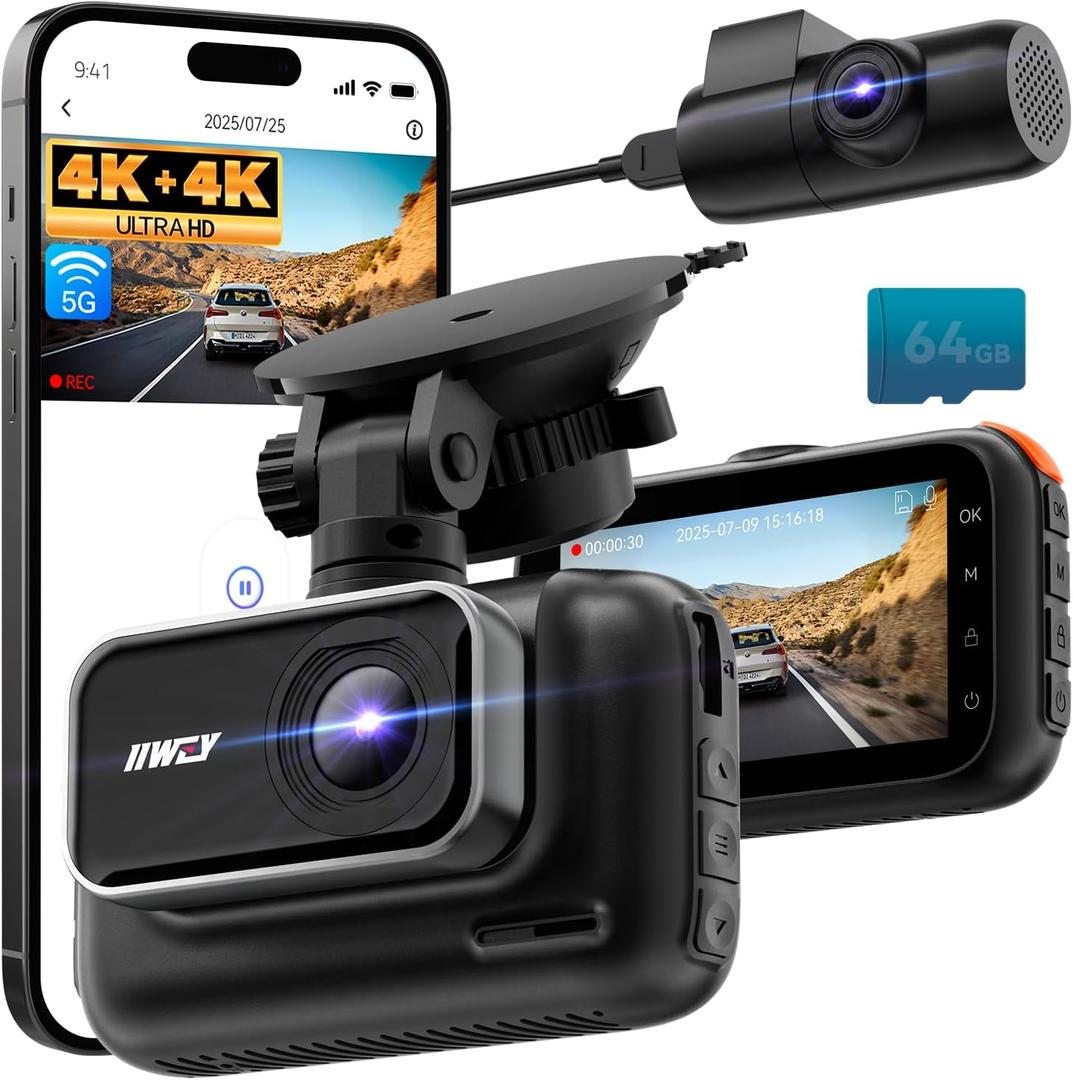 IIWEY Q5 Dual-4K Dash Cam Front and Rear, 5G Wi-Fi 64GB SD Card Included, 4K 2160P Dash Camera for Cars, 3 Inch IPS Screen, Dual Channel HDR Night Vision, 24H Parking Mode, 170° Wide Angle, G-Sensor