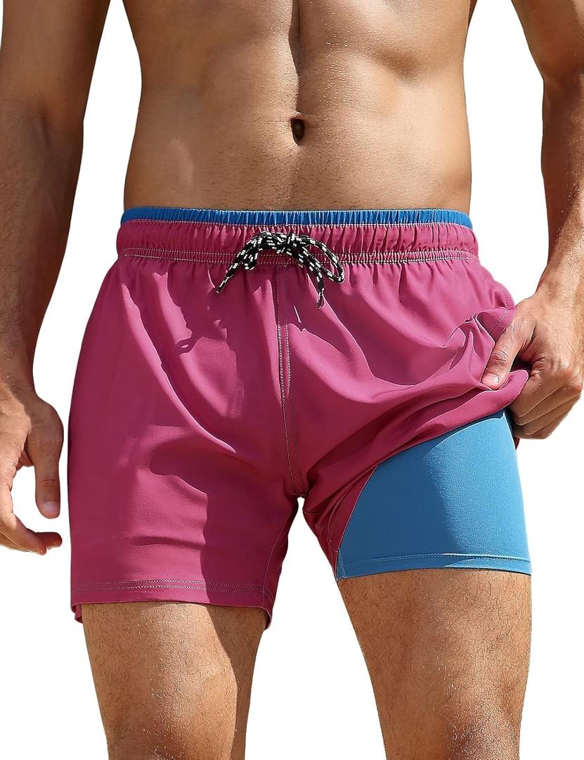 unitop Mens Swim Trunks with Compression Liner 5 Inch Inseam Surfing Board Shorts with Zipped Pockets (40, Pink)