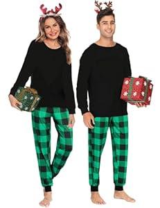 Sexqero Christmas Family Matching Pajamas Set Couples Button Down Sleepwear Loungewear Long Sleeve Plaid Pjs Lounge Set(Women Black Green Plaid Large)