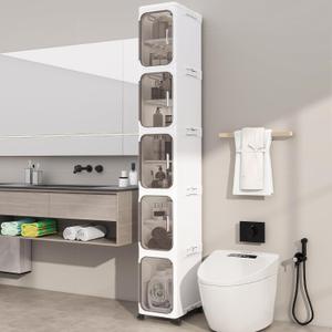 5 Tier Slim Bathroom Storage Cabinet, Foldable and Movable, White