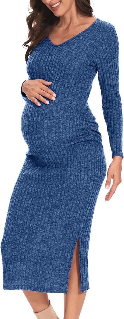 LAHILO Long Sleeve Maternity Sweater Dress for Fall Winter Baby Shower & Photoshoot - Women's Pregnancy Maternity Dresses (Large, Blue)