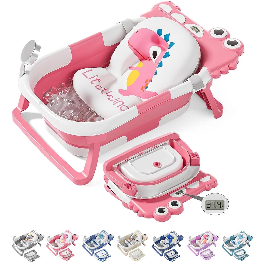 TPN Collapsible Baby Bathtub, Baby Bath Tub with Soft Cushion & Real-Time Thermometer, Baby Bathtub Infant to Toddler Tub (0-36 Months), Portable Newborn Travel Bath tub,  Alligator Shape, PINK
