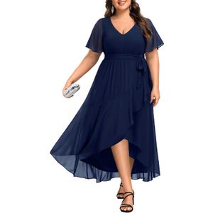 Womens Plus Size Long Dress Chiffon High Low Split Ruffle Evening Bridesmaid Wedding Guest Formal Maxi Dresses (Navy Blue) Size 22W