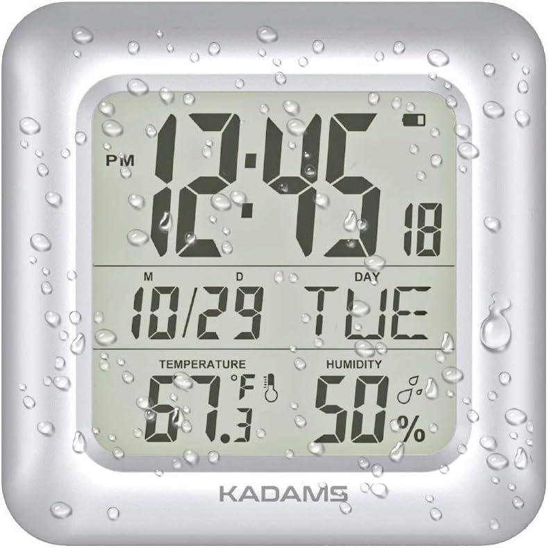 KADAMS Bathroom Clock 9.5" Kitchen Wall Clock with Large LCD Screen  Shower Clock with Suction Cup,Temperature, Humidity, Calendar  Water-Resistant, 4 Mounting Options, Silver
