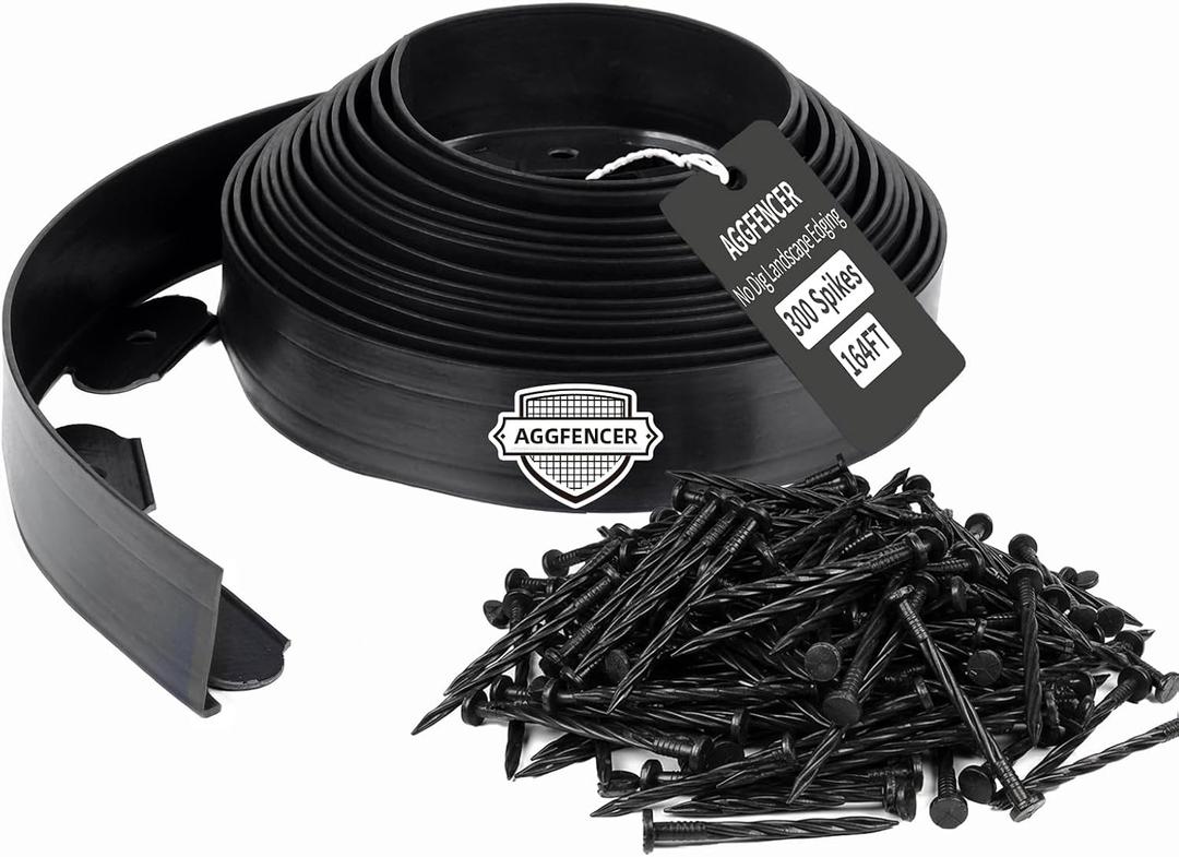4 in x 164 Ft Garden Landscape Edging, No Dig Garden Edging Border Kit with 300 Pcs Spikes for Flower Bed Lawn Yard Grass Black
