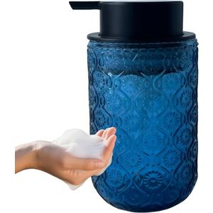 Foaming Hand Soap Dispenser,Vintage Glass Soap and Lotion Dispenser for Bathroom,Kitchen Dish Soap Dispenser with Black Foam Pump (Blue Begonia Flower+Black Lid)