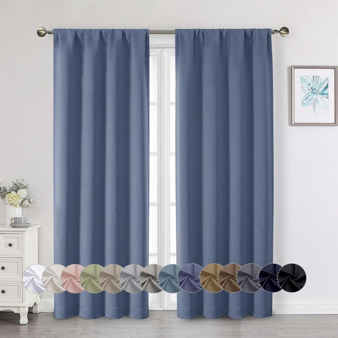 Denim Blackout Curtains for Bedroom Living Room 72 Inches Long 2 Panels Set, Soft Solid Thermal Room Darkening French Door Curtain, Modern Rod Pocket Design, Denim, 40" Wx72 L