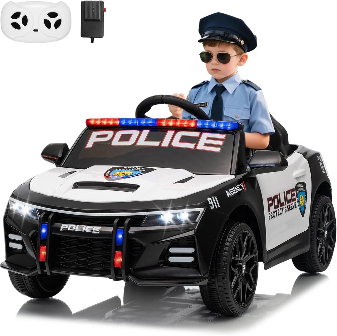 12V Police Car Ride On Car for Kids, Ride on Toy with Remote Control, Emergency Alert Tones, Megaphone, Flashing Lights, Music, Spring Suspension
