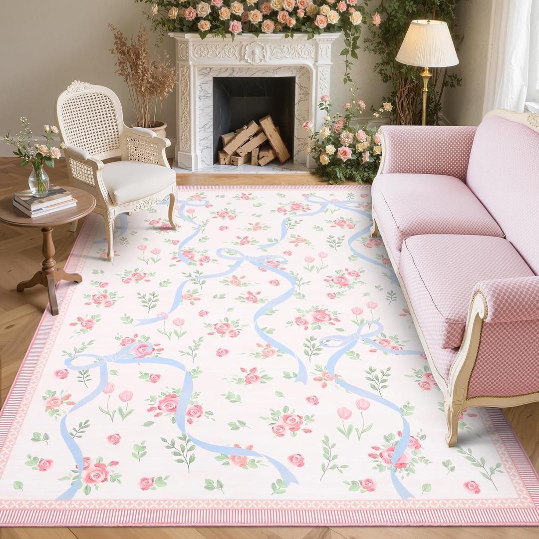 GarveeHome Pink and Blue Bow Rugs for Bedroom Girls, Washable Rug 5x7 for Living Room with Soft Low Pile, Floral Pink 5x7 Area Rugs for Dining Room Nursery Kid Playroom Dorm Office Bow Decor