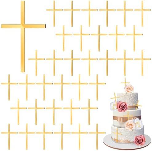 18pcs Baptism Cake Toppers Acrylic Cross Cupcake Toppers Gold Crossing Cake Charm for Baby Shower Birthday Wedding Party Christian Decorations