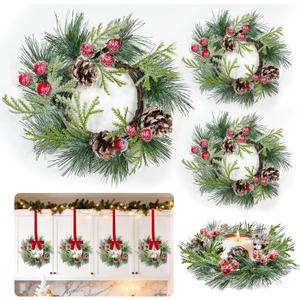 4 Pcs Mini Christmas Wreath for Cabinets Kitchen, 9 Inch Small Christmas Wreaths with Cypress Snowy Pinecone & Pine Branche Red Berry Christmas Candle Rings Wreaths for Cabinet Windows Wall Table