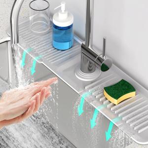 24 Inch Longer Faucet Mat for Kitchen Sink [5Slope Fast Self-draining]Bathroom Kitchen Sink Splash Guard Silicone Sink Faucet Mat Splash Guard Kitchen Sink Area Tidy Splash Faucet Guard Draining Mat (Light Gray)