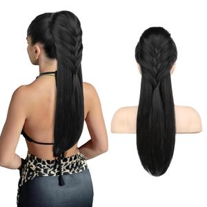 HOOJIH Ponytail Extension, 20 Inch Long Braid Black Drawstring Clip in on Ponytail Hair Extensions Synthetic Hairpiece for Women - Black