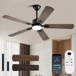 56inch Ceiling Fans with Lights and Remote/App Control, DC Reversible Motor, Noiseless, Dimmable, Low Profile Modern Ceiling Fan for Bedroom Indoor/Outdoor Use Brown