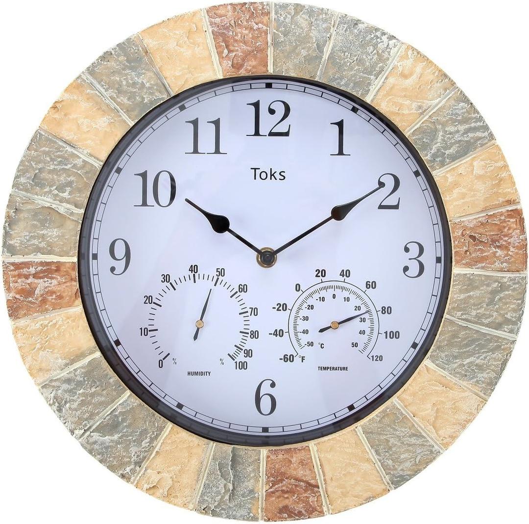 Lily's Home Hanging Wall Clock, Includes a Thermometer and Hygrometer and is Ideal for Indoor and Outdoor Use, Wonderful Housewarming Gift for Friends, Faux-Stone (13 Inches)