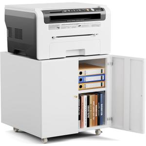 Warmiehomy Metal Printer Stand with Storage Mobile Printer Tables for Small Spaces with Door Adjustable Shelf File Cabinet on Wheels for Home Office (White)