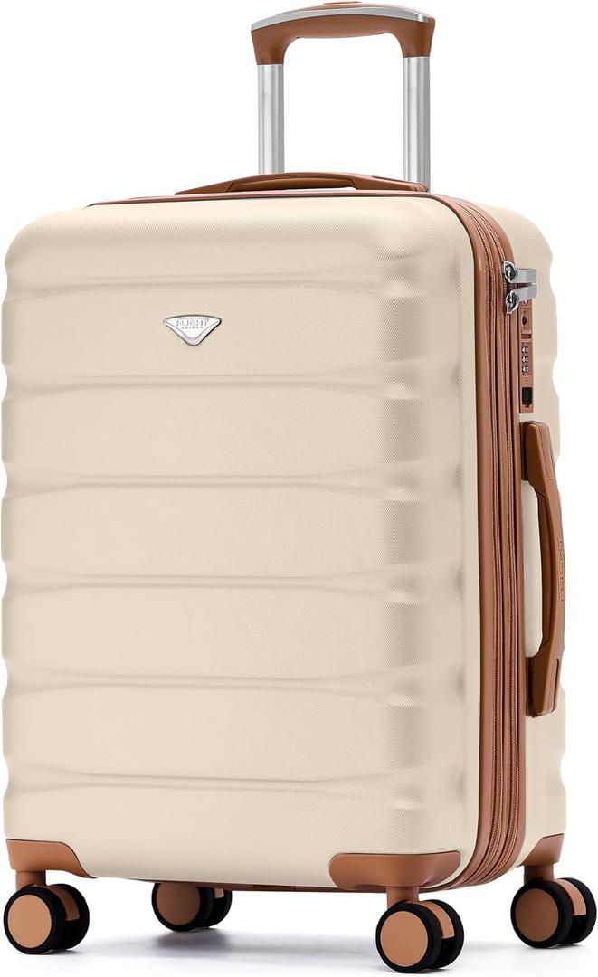 Flight Knight 24x16x10 Expandable Carry On Suitcase Hardside TSA Lock USB C Lightweight Luggage Silent Double Spinner Wheels Maximum Overhead Carry-On Bag For Virgin South West Approved Cream/Tan