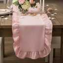 Oudain Pink Ruffle Table Runner Cotton Fabric 118 x 13.8'' Farmhouse Rustic Ruffled Edge Table Runner Wedding Decor for Spring Baby Shower Bridal Shower Party