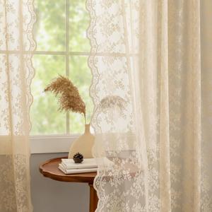 YJ YANJUN Beige Lace Curtains 72 inch Length Victorian Flower Voile Sheer Curtains Privacy Net Curtains for Dining Room Bathroom Bay Window Farmhouse Vintage Boho French Country Room Decor 52x72