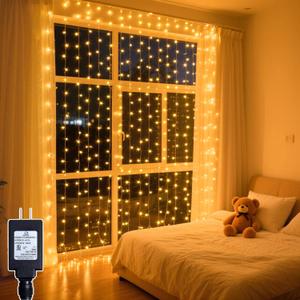200 LED Curtain String Lights 9.8 * 6.6FT Plug in Fairy with Timer and 8 Modes, Waterproof Window Wall for Bedroom Wedding Party Indoor Outdoor Christmas Decor (Warm Whtie)