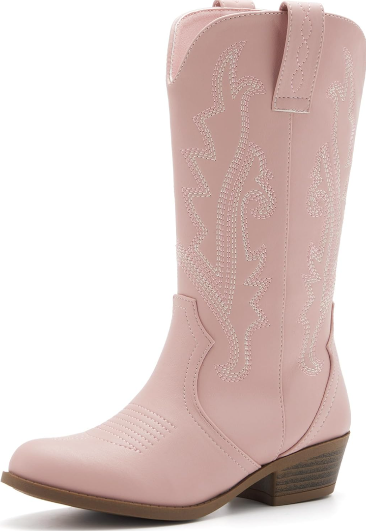 Kids Western Boots Embroidered Cowgirl Cowboy Boots Boys Girls Mid Calf Round Toe Riding Shoes Little Kid/Big Kid , Little - 12, Pink