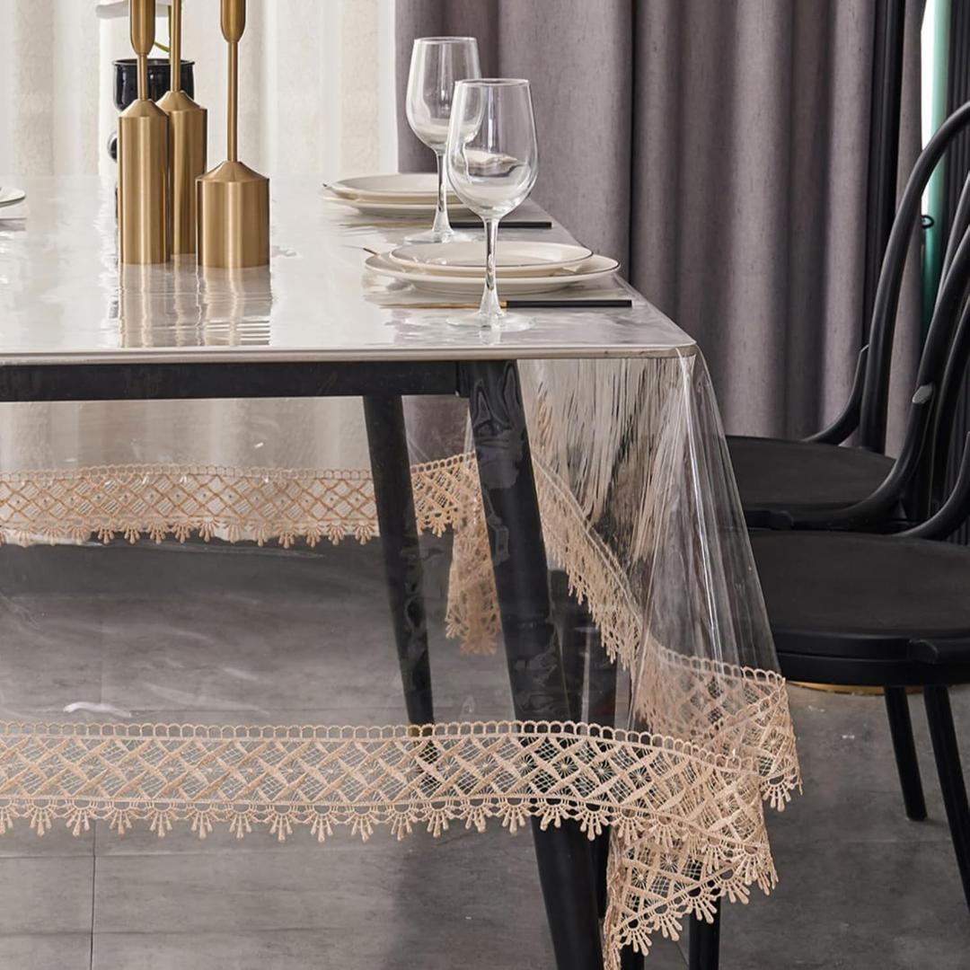 Clear Vinyl Tablecloth Protector  Waterproof Rectangular Table Cover with lace Trim for Dining, Kitchen, Party, Indoor & Outdoor Use (120"x60")