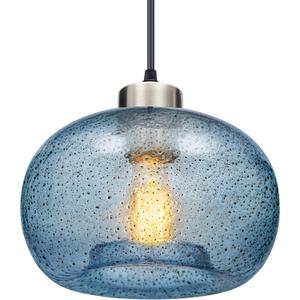 Modern Hand Blown Pendant Lights Kitchen Island, Blue Seeded Glass Pendant Light Fixtures, Brushed Nickel Globe Ceiling Hanging Light Fixture Foyer Entryway Dining Room, 1-Pack