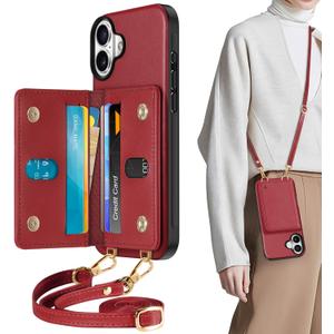 TUCCH Case Wallet for iPhone 16 Plus with Crossbody Lanyard 6 Card Holder, [Detachable Adjustable Strap] RFID Blocking PU Leather Folio Magnetic Closure Wallet Shockproof Phone Cover, Dark Red