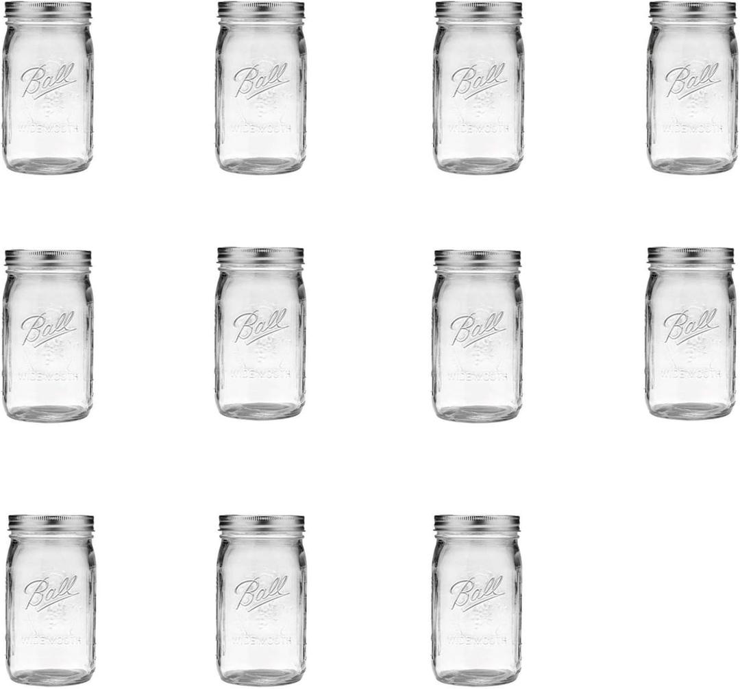 Ball Wide Mouth Clear Glass Canning Quart 32 Oz Mason Jars with Lids, 11 Pack
