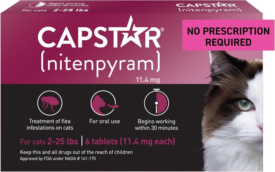 Capstar (nitenpyram) Cat Flea Treatment, Fast-Acting Oral Flea Treatment for Cats 2-25 lbs, Vet-Recommended Medication Tablets Start Killing in 30 Minutes, 6 Doses, EXP: 09/2027