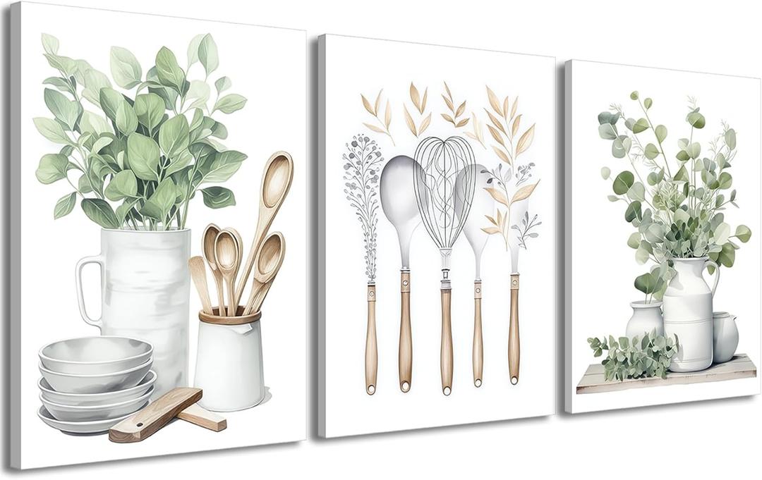 YFvrPt Sage Green Kitchen Wall Art Set of 3, Eucalyptus Leaves Plant Dining Room Painting Wall Decor, Boho Botanical Canvas Poster Print Farmhouse Pictures for Home Decoration Framed 16"x24"