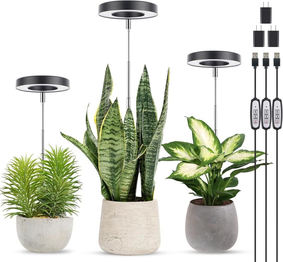 LORDEM Grow Light, Full Spectrum LED Plant Light for Indoor Plants, Height Adjustable Growing Lamp with Auto On/Off Timer, 4 Dimmable Brightness, Ideal for Small Plants, 3 Packs of Black