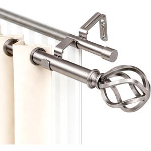 Satin Nickel Double Curtain Rods, Heavy Duty Decorative Drapery Rod 60-107 Inches, Telescoping Drapery Rod with Twisted Cage Finials