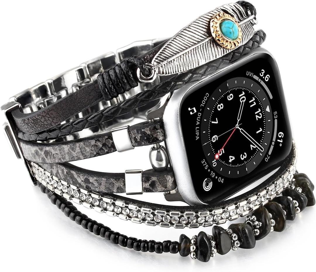 Boho Leather Bracelet Compatible with Apple Watch Band 38mm 40mm 41mm 42mm 44mm 45mm 46mm 49mm for Women Men, Western Dressy Stone Retro Wristband Strap for iWatch Band Series 11 10 9 8 7 6 5 4 3 2 1 Ultra 3 SE3