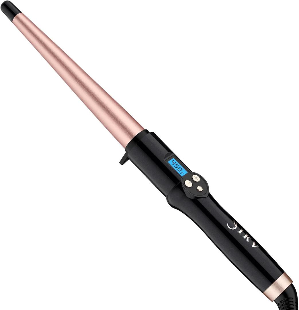 Ceramic Tapered Curling Wand 0.5-1 Inch Beachy Waves, 1/2-1 Inch Curling Iron for Long Hair,Dual Voltage Hair Wand Curler with LCD Display 225-450|Glove Include