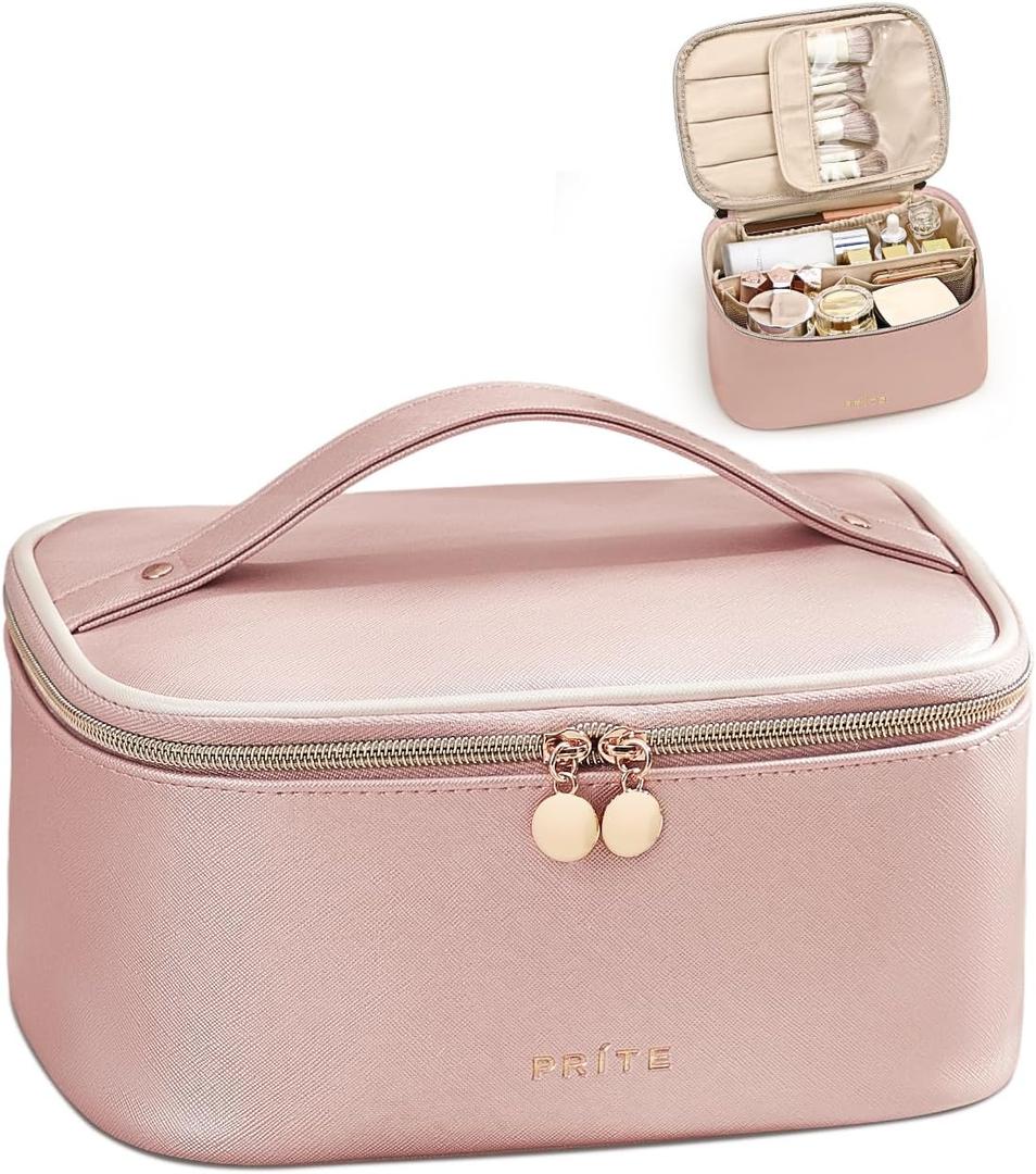 Prite Makeup Bag, Large Capacity Portable Travel Cosmetic Bag, Waterproof Makeup Organizer for Women with Handle and Divider (002 Pearl Pink)