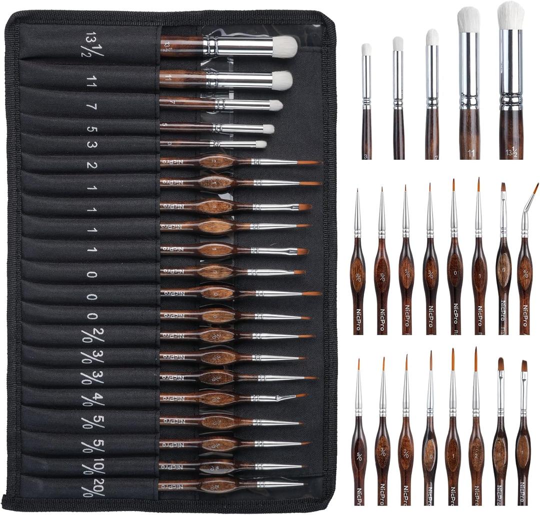 Nicpro Miniature Paint Brushes Dry Brush - 21PCS Model Paint Brush Set with Cloth Roll for Acrylic Oil Watercolor, Detail Paint Brush Drybrush for Model, Miniature Painting, Paint by Numbers, Craft