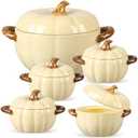 Maxdot Set of 5 Ceramic Pumpkin Bowls with Lid and Handles Pumpkin Shape Soup Serving Pot Storage Jar for Fall Thanksgiving Halloween Party Kitchen Dessert Decoration 17Oz & 54Oz(Cream Yellow)
