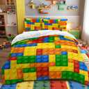 BlessLiving Twin Duvet Cover Set - Soft Colorful Building Blocks Bedding Set, Fun Geometric Brick Pattern Comforter Cover, Yellow Orange & Green - Gaming Bedspread with 2 Pillowcases for Teens & Boys (1)
