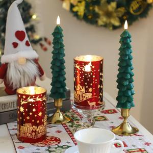 Chritsmas Flameless Candles, Battery Operated Christmas Candles, Real Wax Glass Flickering LED Candles, Tree Candlestick for Home Christmas Decor, Remote Timer (Red)