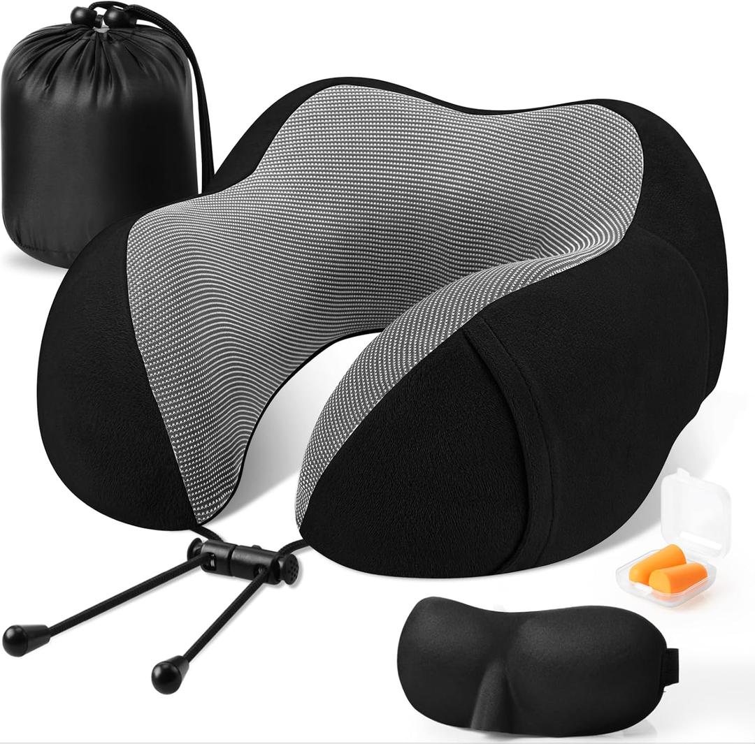 CloudBliss Travel Pillow Premium Memory Foam, Comfortable & Supportive Neck Pillow, Sleeping Neck Pillows for Travel, Airplane Pillow for Sleeping Airplane, Car, Office and Home, Black